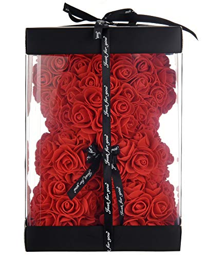 Product Cover Artificial Flowers Rose Teddy Bear Fully Assembled Rose Bear - Over 250 Dozen for Mothers Day, Anniversary & Bridal Showers - 10 inch Clear Gift Box (red)