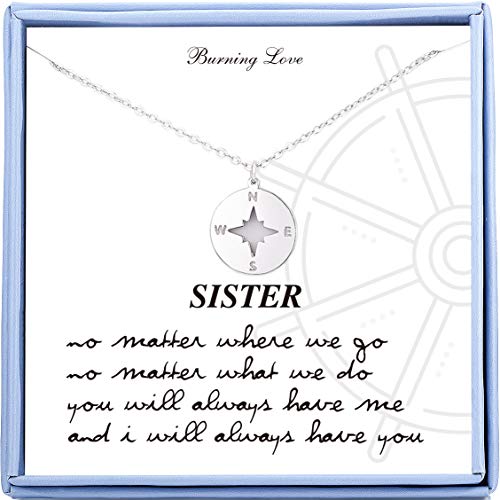 Product Cover Sister Gifts from Sister Sterling Silver Compass Necklace Best Friend Necklaces BFF Gifts for Women Girls Sister Birthday Gifts