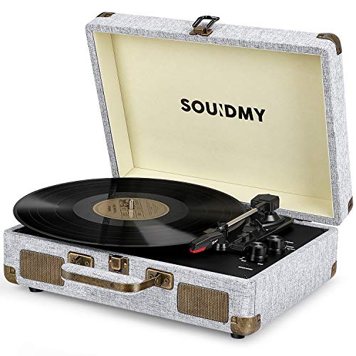 Product Cover Souidmy Vinyl Record Player, Bluetooth Turntable with Speakers, 3-Speed, AUX/Headphone/RCA Port, Equipped New Wireless Function, Silver Mist