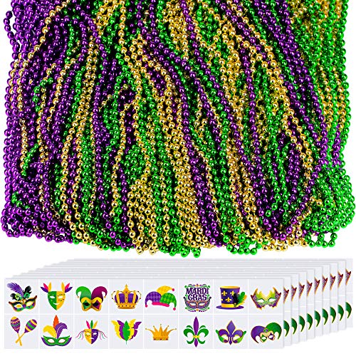 Product Cover 108 Pcs Mardi Gras Beads Gold Green Purple Metallic Beaded Necklaces with 240 Pcs Temporary Tattoos Bulk Mardi Gras Party Favor Supplies Kit for New Orleans Carnival Parade Float Decorations Kids Toys