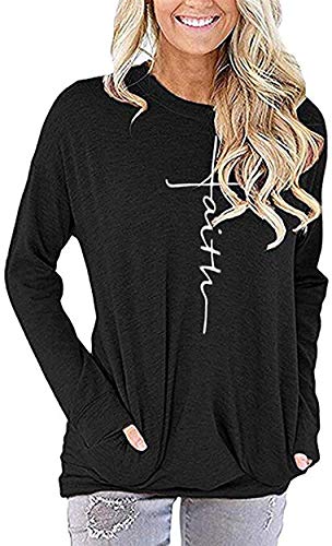 Product Cover Womens Cross Faith Crewneck Sweatshirt Casual Cute Long Sleeve Loose Fitting Fall Tops T Shirts with Pockets