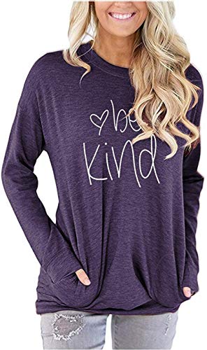 Product Cover Womens Be Kind Crewneck Sweatshirt Casual Cute Long Sleeve Loose Fitting Fall Tops T Shirt with Pockets(B_Purple,L)