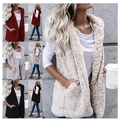 Product Cover Women Plush Vest Casual Hooded Neck Sleeveless Solid Loose Long Cardigan Vest Beige