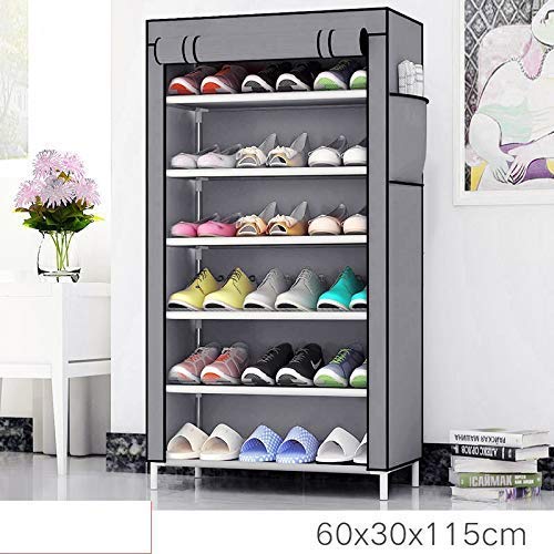 Product Cover Sasimo Multipurpose Portable Folding Shoes Rack 6 Tiers Multi-Purpose Shoe Storage Organizer Cabinet Tower with Iron and Nonwoven Fabric with Zippered Dustproof Cover-Grey