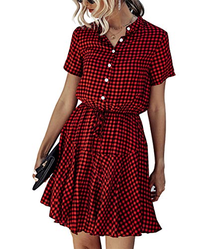 Product Cover KIRUNDO Women's Summer Plaid Print Mini Dress Short Sleeves Button Down High Waist A Lined Dress with Belt (Small, Red)