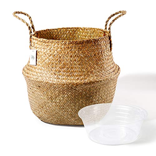 Product Cover POTEY Seagrass Plant Basket - Hand Woven Belly Basket with Handles, Extra Large Storage Laundry, Picnic, Plant Pot Cover, Home Decor and Woven Straw Beach Bag (Extra Large, Original)