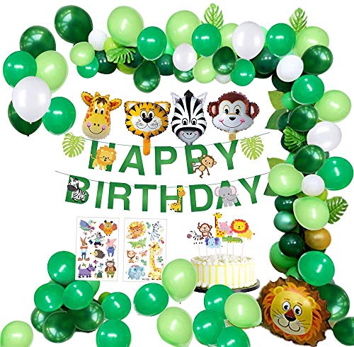 Product Cover MMTX Jungle Birthday Party Decoration Boys-Happy Birthday Banner with Palm Leaves Latex Balloons and Safari Forest Animal for Boy Birthday Baby Shower Hawaiian Decor