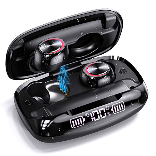 Product Cover Bluetooth Wireless Earbuds with Wireless Charging LED Display Case IPX7 Waterproof Wireless Bluetooth Headphones GUSGU Deep Bass Sound 90H Cycle Playtime,Free Switch Single/Twin Mode for Sports