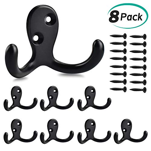 Product Cover ERKOON 8 Pack Double Prong Coat Hooks Wall Mounted with 20 Screws Coat Hanger Double Robe Hooks for Coat, Scarf, Bag, Towel, Key, Hat