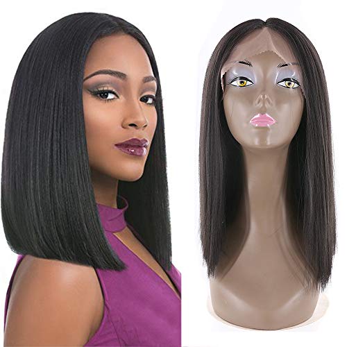 Product Cover LONGQI Short Bob Yaki Straight Lace Front Synthetic Hair Wigs, Ombre Black Blonde Color Middle Part Blunt Lace Wig For Women 14 Inches (#1B)