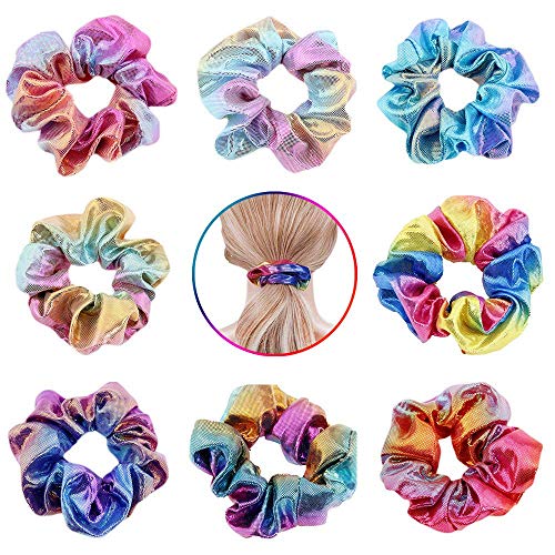 Product Cover Shiny Rainbow Scrunchies,Women Girls Mermaid Hair Scrunchie Elastics Ponytail Holder for Gym Dance Party Club (holographic scrunchies 8-Pack)