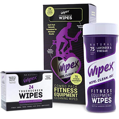 Product Cover Wipex Cleaning Combo Pack for LED/LCD Screens and Fitness Equipment, Alcohol Free & Safe for Peloton & Nordictrack Bikes, Treadmills, 24 Individual Screen Wipes & 75 Surface Wipes, Lavender Scent