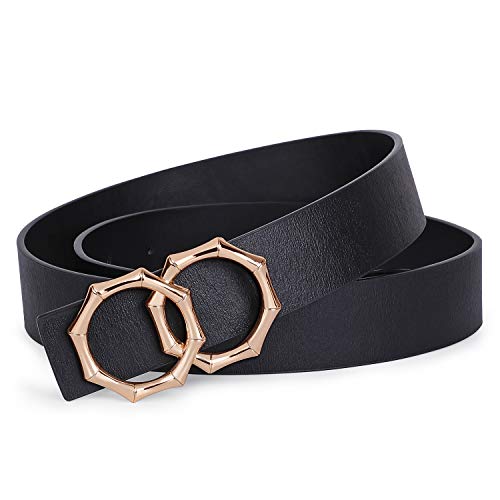 Product Cover Double Ring Belt Women Fashion Leather Belt Golden/Silver O Ring Buckle Belt for Jeans, Pants, Dresses, Shorts