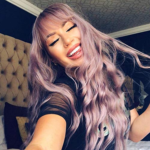 Product Cover Vigorous Pink Wigs with Bangs Long Wavy Synthetic Wig Medium Length Wig Loose Wave Colorful Wigs for Women Daily Party Use 18