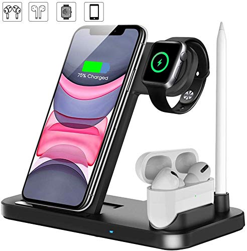 Product Cover Edio 2 Ezone 4 in 1 Qi-Certified 10W Fast Wireless Charger Station Compatible with iPhone 11/11pro/11pro Max/X/XS/XR/Xs Max/8/8 Plus, Apple Watch Airpods ,Wireless Charger Stand Compatible with Samsung Galaxy S10/S9 Series
