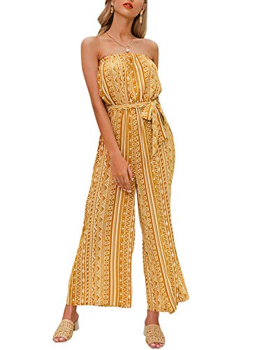 Product Cover MsLure Women's Sexy Off Shoulder Striped Wide Leg Jumpsuit Strapless Belted Long Romper Jumpsuit Yellow,M