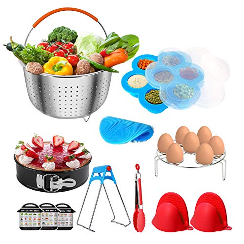 Product Cover 12 Piece Kit for Instant Pot Accessories for 6 QT, 8 QT Include Mesh Steamer Basket, Springform Pan, Egg Bites Model, Egg Rack, Magnetic Cheat Sheet, Silicone Scrub, Mini Mitts and Food Tong