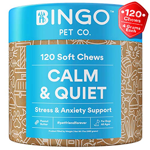 Product Cover 120 Calming Treats for Dogs - Dog Anxiety Relief for Dogs 100% Organic Hemp Oil Chews, L-Theanine Bites Treat for Separation Anxiety Aid in Dog Anxiety for Stress, Fireworks and Thunder - Made In USA