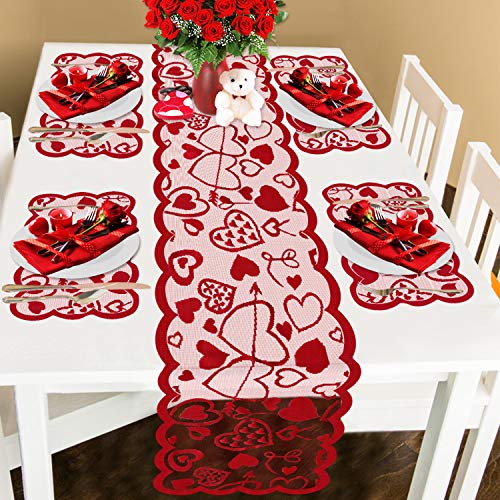 Product Cover Comken Valentine's Day Table Runner and Placemats- Red, Set of 5 | 1PC Lace Heart Table Runner (13 x 72 Inch) and 4 PCS Lace Table Placemats for Valentines Table Decorations Dinner Party Supplies
