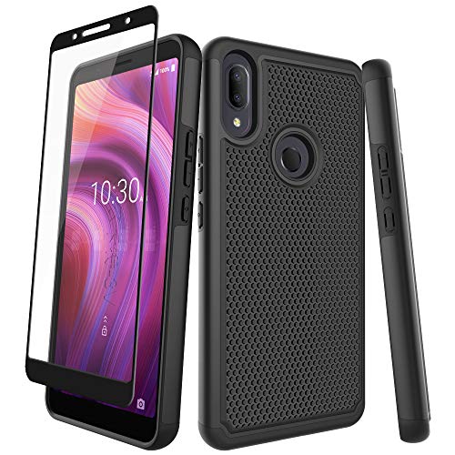 Product Cover Nuomaofly Case for Alcatel 3V (2019) 5032W, with [Tempered Glass Screen Protector] Rugged Heavy Duty Shock-Absorption Protection (Black)
