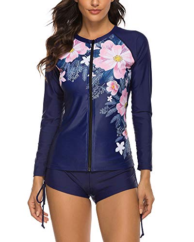 Product Cover Wolddress Womens Long Sleeve Rashguard Swimsuit Sport Swimwear Tankini Set Navy Floral M