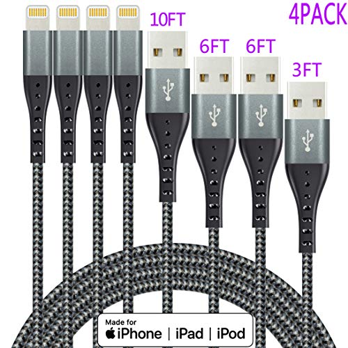 Product Cover IDiSON 4Pack(10ft 6ft 6ft 3ft) Apple MFi Certified iPhone Lightning Cable Braided Nylon Fast Charger Cable Compatible iPhone 11 Pro Max XS XR 8 Plus 7 Plus 6s 5s 5c Air iPad Mini iPod (Gray+Black)