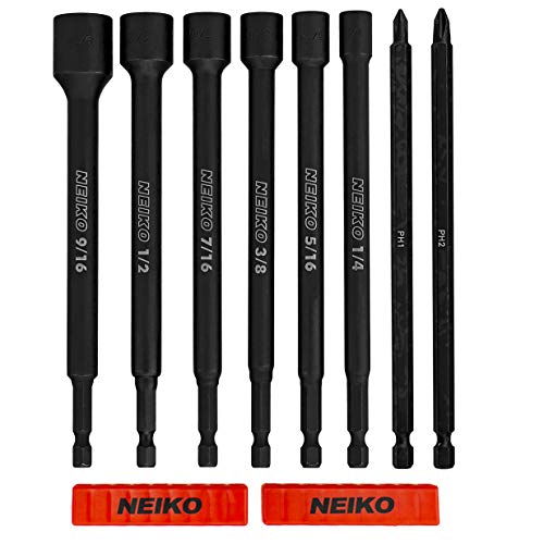 Product Cover NEIKO 10067A Magnetic Impact Nut Driver and Power Bit Tool Set | 6 Pieces SAE | 6 Inches | Shank Nut Driver Bits Setters| Magnetic Tip Sockets | 1/4 Inch Hex Shank