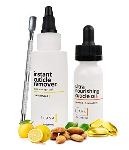Product Cover Elavae Manicure Pedicure Kit with Cuticle Oil, Cuticle Remover Gel Cream, and Pusher Tool. All Natural Oil with Vitamin E, Jojoba, Grapeseed, Avocado and Almond Oils. Nail Softener and Strengthener.