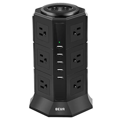 Product Cover Power Strip Tower-BEVA Surge Protector 12 AC Outlets with 5 USB Ports Desktop Charging Station, 15A/1875W, 1050 Joules, Multiple Protection, 6ft Long Cord Extension Cable for Home Office, ETL Listed