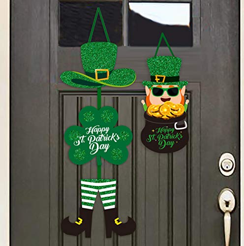 Product Cover WEEPA St. Patrick's Day Decorations Hanging Welcome Sign 2pcs Glittery Cardboard Shamrock Door Hanger and Leprechaun Hat Wall Decor Pots of Gold Lucky Irish Green Saint Patricks Day Party Decoration