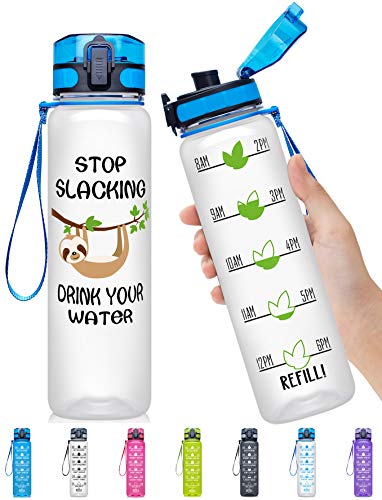 Product Cover Elvira 32oz Motivational Fitness Sports Water Bottle with Time Marker & Removable Strainer,Fast Flow,Flip Top Leakproof Durable BPA Free Non-Toxic-Sloth