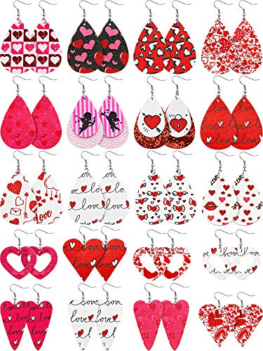 Product Cover 20 Pairs Valentine's Day Faux Leather Earrings Set Heart Pattern Teardrop Dangle