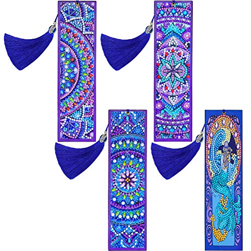 Product Cover 4 Pieces 5D Diamond Painting Bookmark DIY Beaded Bookmarks with Tassel and Diamond Painting Tool for Kids Adults Beginner Art Craft Supplies Christmas Gift