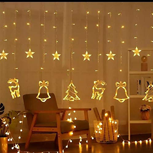Product Cover CC Arts 138 LED Curtain String Lights with 8 Flashing Modes Christmas Decoration (Christmas Ornaments Yellow)