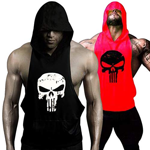 Product Cover GZXISI Mens Skull Print Stringer Bodybuilding Gym Tank Tops Workout Fitness Vest with Hoodie 2 Pack