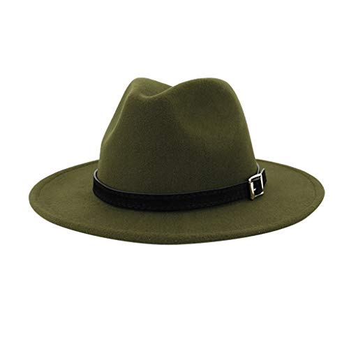 Product Cover QIANSKY Unisex Vintage Wide Brim Hat with Belt Buckle Adjustable Outbacks Hats - Wool Felt Hat - Wide Brim Fedora Hats (Army Green)