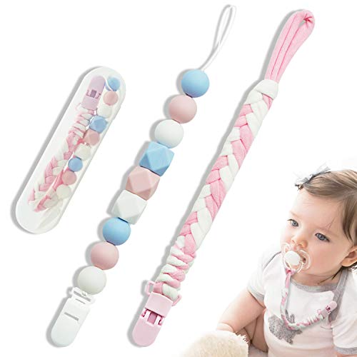 Product Cover Pacifier Clip for Baby Girls, Baby Holder Leash, Braided Pacifier Holder & Silicone Pacifier Holder, Teether Toy Leash, Baby Shower Gift Set, Easy to Use for Teething Toys (Pink)