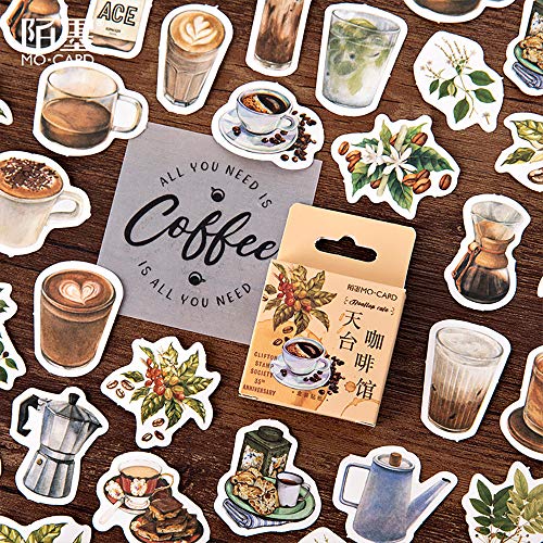 Product Cover Small Size Laptop Stickers, 45pcs Doraking Boxed DIY Decoration Coffee Theme Stickers for Laptop, Planners, Scrapbook, Suitcase, Diary, Notebooks, Album(Cafe, 45pcs/ Box)