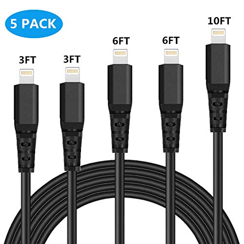 Product Cover iPhone Charger Cable Fast Lightning Cable MFI Certified iPhone Cable Durable Lightning Charger 5Pack 3/3/6/6/10FT Charging & Syncing USB Cord Compatible iPhone XS/Max/XR/X/8/7P/iPad/iPod/IOS (Black)