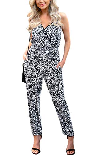 Product Cover Angashion Women's Jumpsuits- Casual Deep V Neck Leopard Print Sleeveless High Waist Belt Long Pants Romper with Pockets