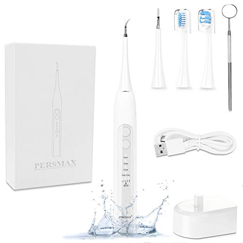 Product Cover PERSMAX Electric Dental Calculus Remover, Sonic Tooth Tartar Scraper Cleaning Tools with 4 Replaceable Clean Heads, 4 Adjustable Modes, Dental Picks Mirror, USB Charger, White