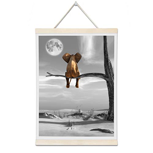 Product Cover 1 Panel Hanging Poster with Wood Frames - Elephant Look at The Moon Wall Pictures - Ready to Hang Decorative Wall Art