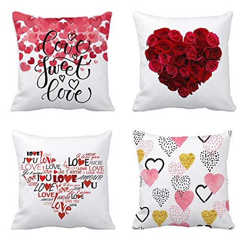 Product Cover 4TH Emotion Valentine's Day Throw Pillow Cover Love Heart Cushion Case for Sofa Couch 18 x 18 Inches Cotton Polyester Set of 4