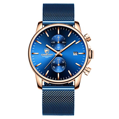 Product Cover Men's Watch Fashion Sleek Minimalist Quartz Analog Mesh Stainless Steel Waterproof Chronograph Watches, Auto Date in Gold Hands, Color: Rose Gold Tone Blue