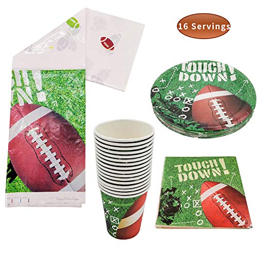 Product Cover Kungfu Mall Football Party Supplies - 16 Football Themed Cups, 16 Napkins, 16 Football Plates(7inch) & 1 Football Tablecloth, Perfect for Football Party Decorations Birthday Party Decorations