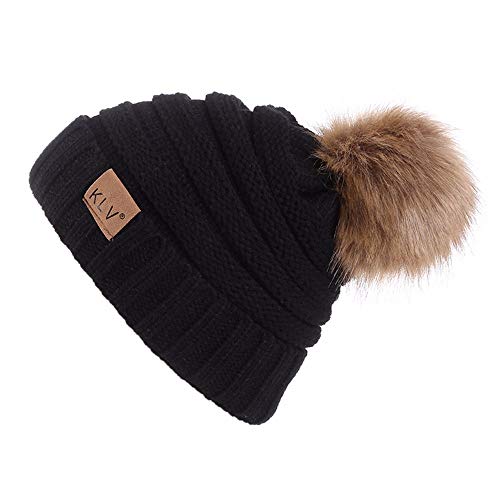 Product Cover WEUIE Unisex Knit Slouchy Beanie Chunky Baggy Hat Warm Skull Ski Cap Faux Fur Pompom Hats for Women Men