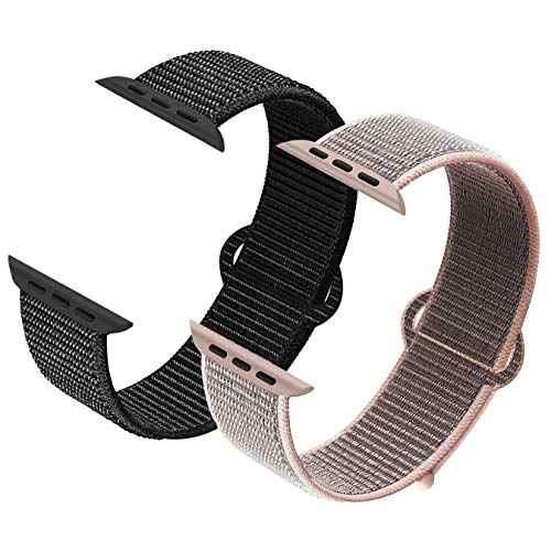 Product Cover RUOQINI 2 Pack Nylon Strap Compatible with Apple Watch Band 38mm 40mm,Replacement Bands for iWatch Series 5/4/3/2/1 (Black, Pink Sand)