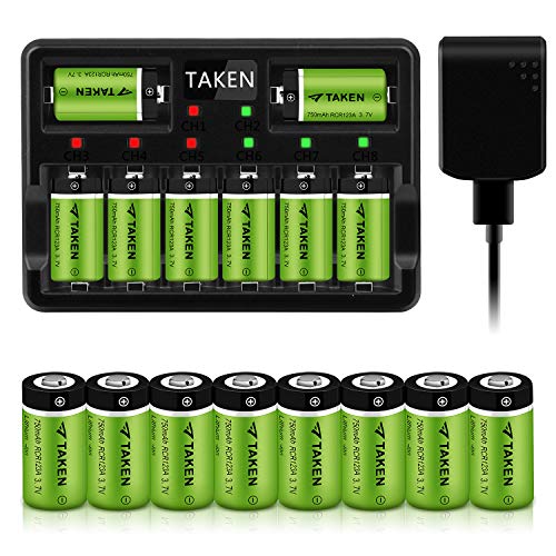 Product Cover CR123A Rechargeable Batteries, Taken 3.7V 750mA Li-ion Batteries for Arlo Camera (VMC3030/VMK3200/VMS3330/3430/3530), 16 Pack RCR123A Batteries with 8-Ports Charger (16 Pack with 8-Ports Charger)