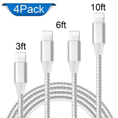 Product Cover iPhone Charger, Mfi Certified Lightning Cables 4Pack 3Ft 2x6Ft 10Ft to USB Syncing Data and Nylon Braided Cord Charger for iPhone XS/Max/XR/X/8/8Plus/7/7Plus/6S/Plus/SE/iPad and More