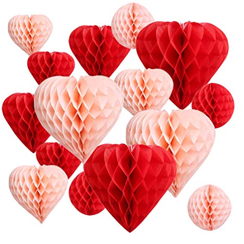Product Cover UNIQOOO 16 Pack Red Blush Pink Party Decoration Pom Pom | Heart & Ball Tissue Paper Honeycomb | Perfect For Valentine's Day, Wedding, Engagement, Propose, Bridal Shower, Baby Shower, Birthday